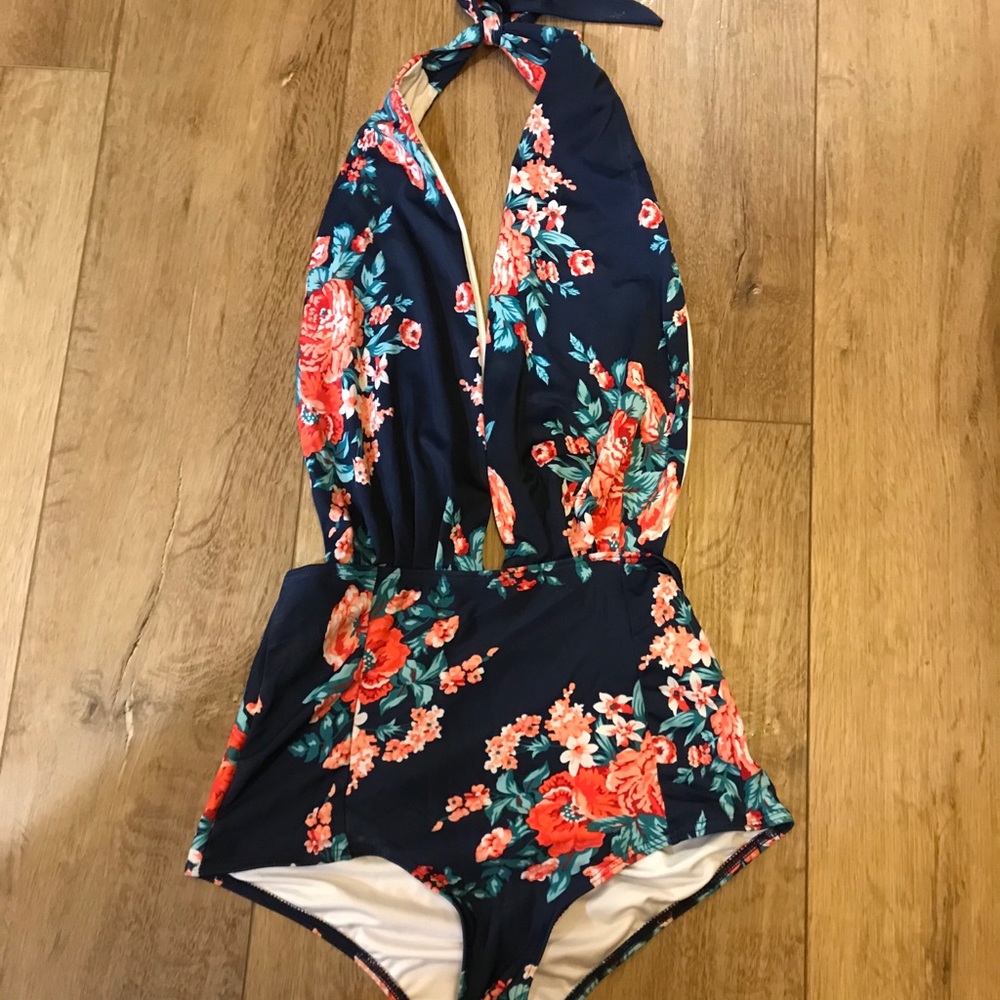 Floral Halter One-Piece Swimsuit - Navy with Coral Floral